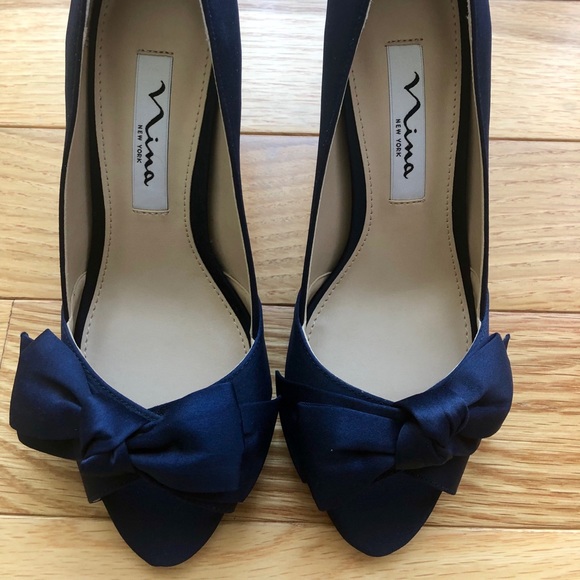 Nina Shoes - 💥NINA NAVY BLUE SATIN BOWED SLIT HEELS